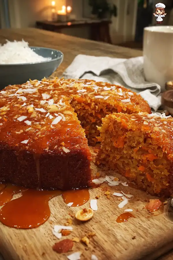Carrot Coconut Sticky Cake with Cardamom Drizzle