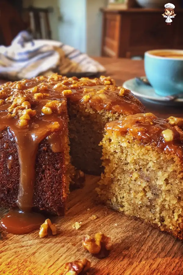 Sticky Banana Walnut Cake with Toffee Drizzle