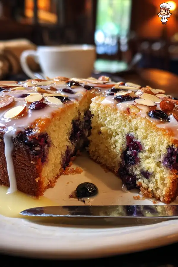 Sticky Blueberry Almond Cake with Vanilla Glaze