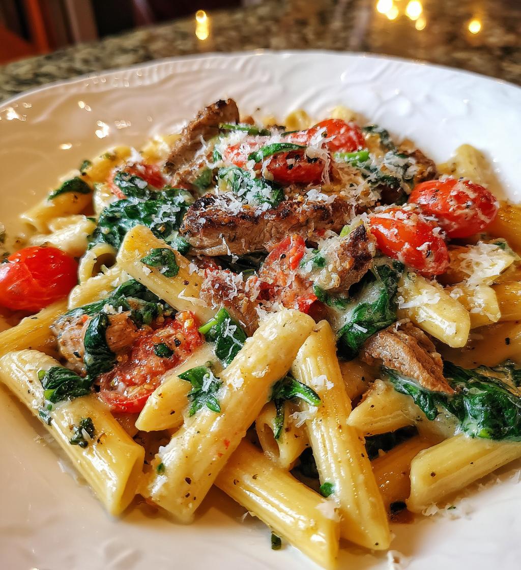 chicken and beef pasta with spinach and tomatoes in garlic cream sauce - detail 1