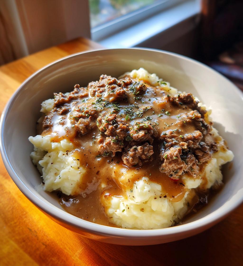 ground beef and gravy over mashed potatoes - detail 1